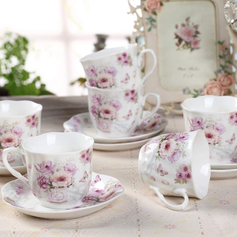 GuangYang 7 oz Porcelain Tea Cups and Saucers set of 6,Purple Fancy Floral Pattern (Perfect for Cappuccino, Flat white Coffee, Americano, Hot Tea, or Desserts) - Image 2